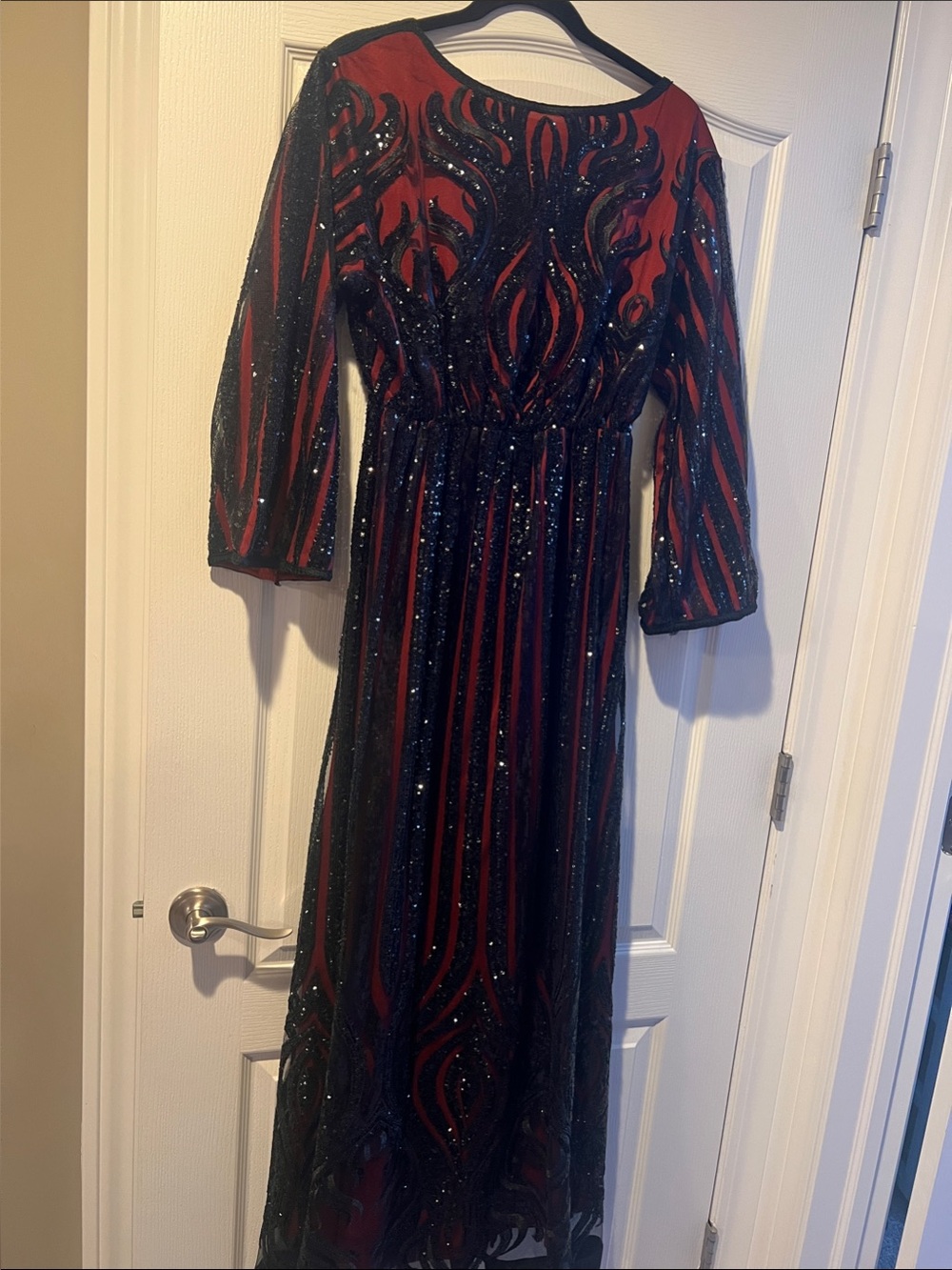Red and Black Sequin Long Sleeve Evening Gown